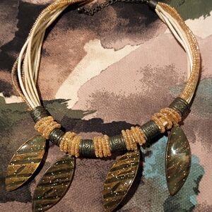 Vintage Tiki Jungle Tribal Beaded Choker with Leaf Pendants